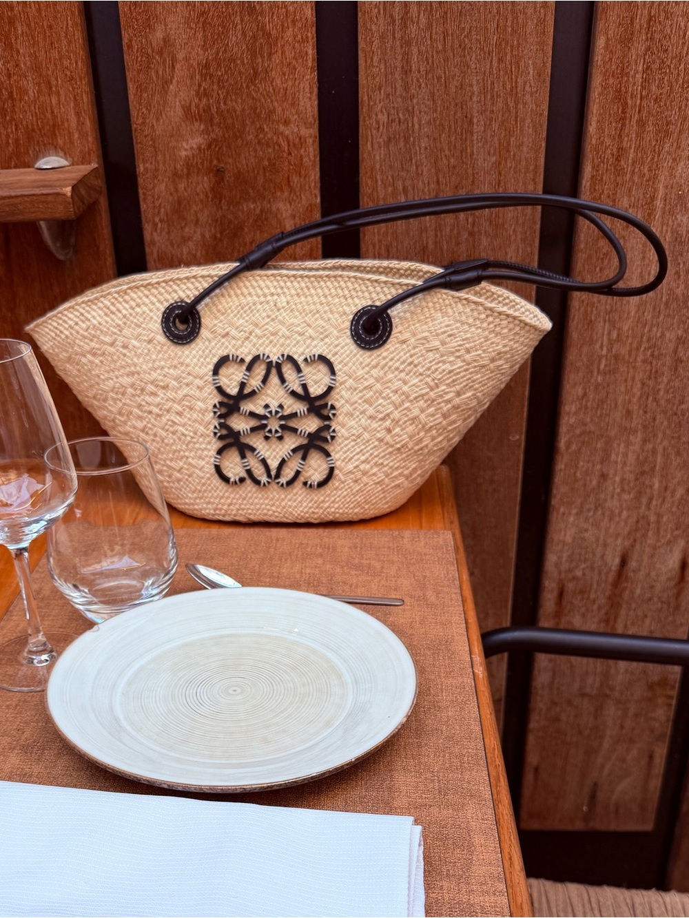 Loewe Natural Straw Tote with Black Leather Handles and Logo Accent